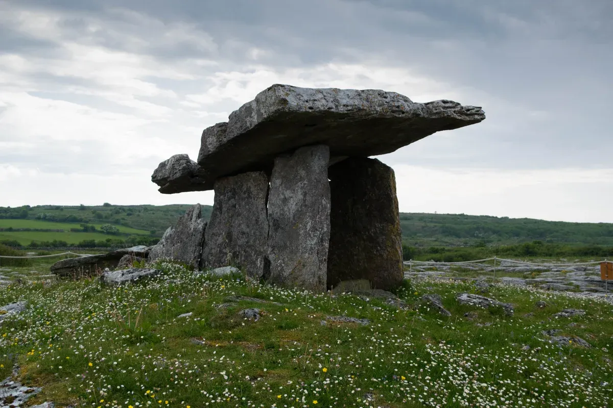 Poulnabrone portal tomb on the Burren limestone, passed on Cliffs of Moher tours from Dublin, County Clare, Ireland